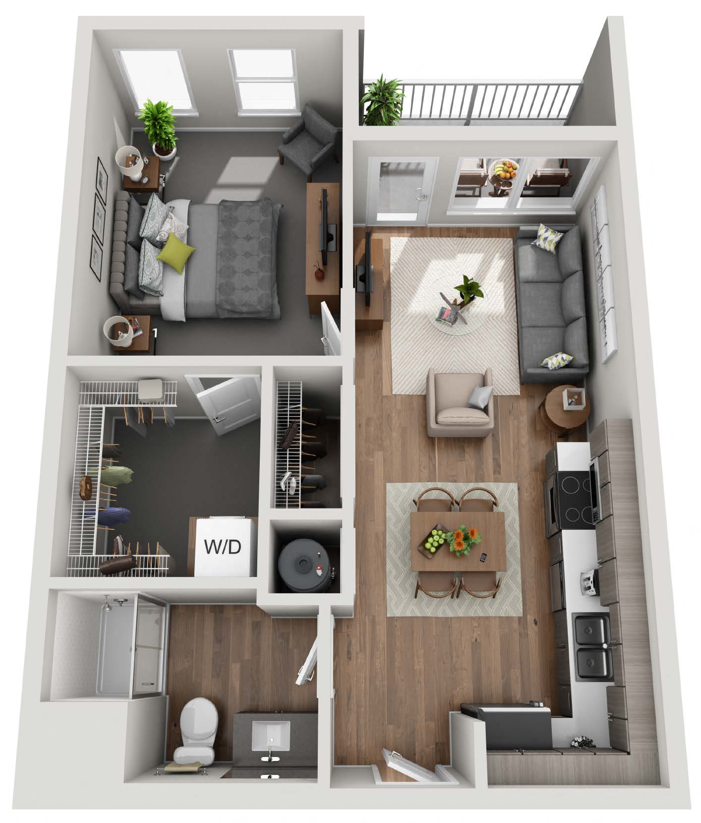Floor plan for 1 bed, 1 bath, 640 sqft